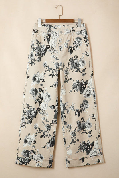 Beige Retro Loose Cuffed Jeans