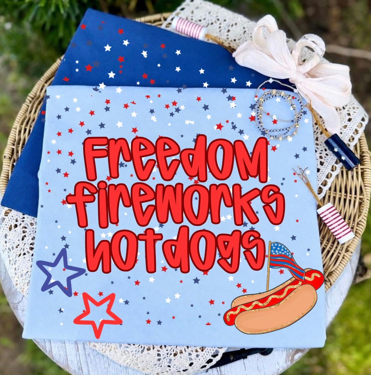 Freedom, fireworks, hotdogs tee. T&C exclusive.