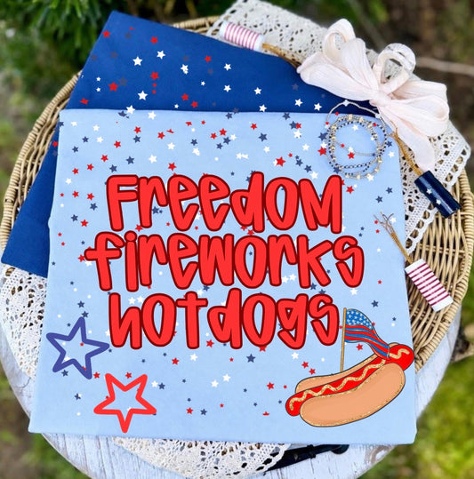 Freedom, fireworks, hotdogs tee. T&C exclusive.