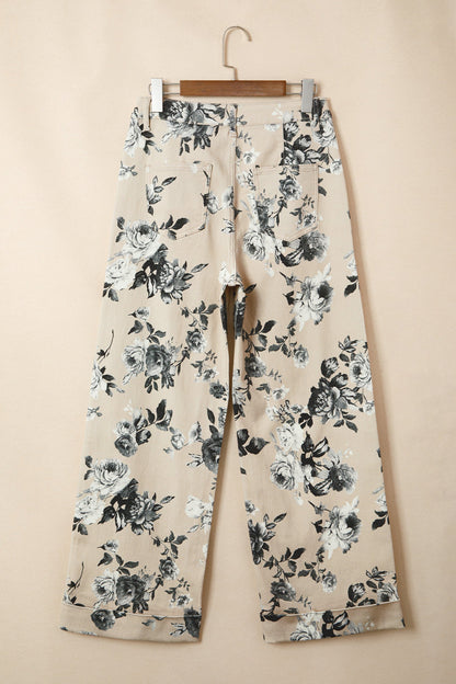 Beige Retro Loose Cuffed Jeans