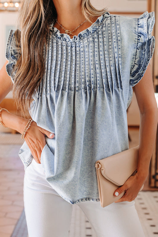 Ruffle Pleated Detail Denim Top