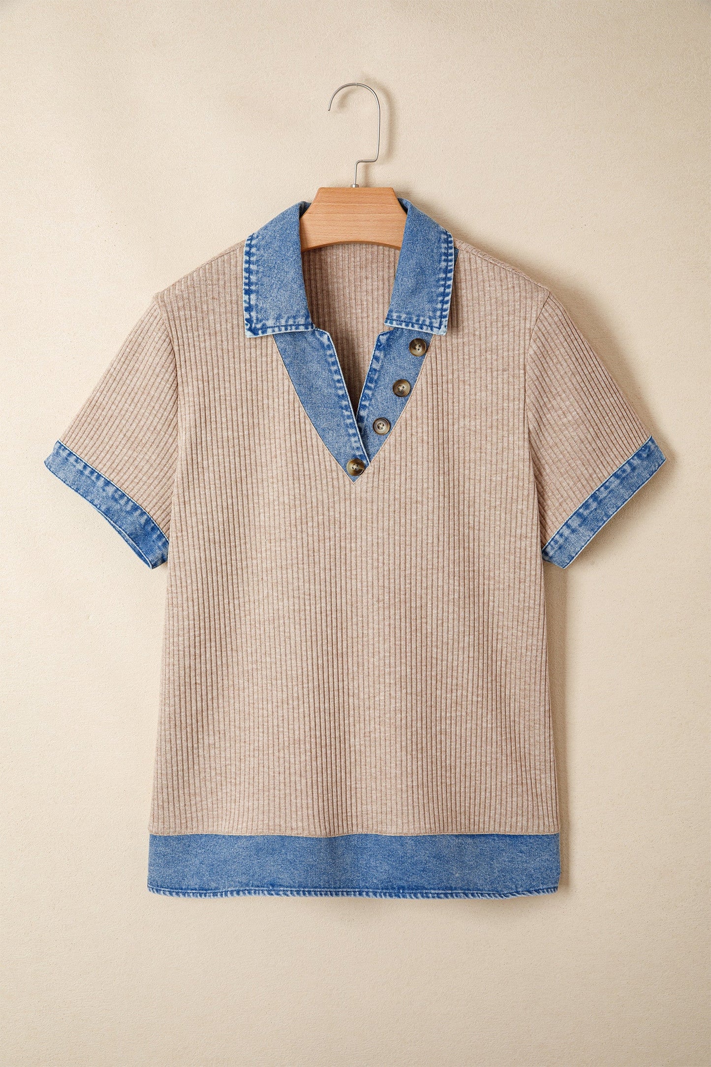 Beige Ribbed Denim Collar Blouse