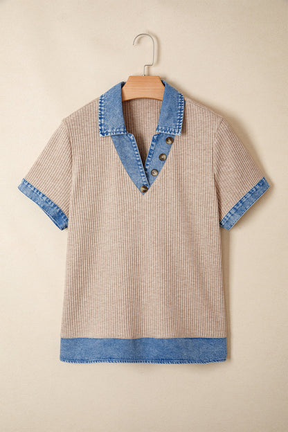 Beige Ribbed Denim Collar Blouse