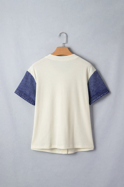 Beige Denim Ribbed Top