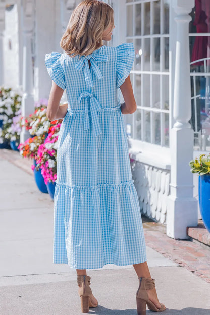 Blue Knot Back Gingham Dress