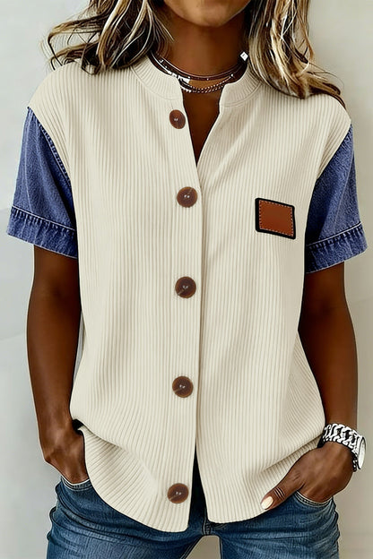 Beige Denim Ribbed Top