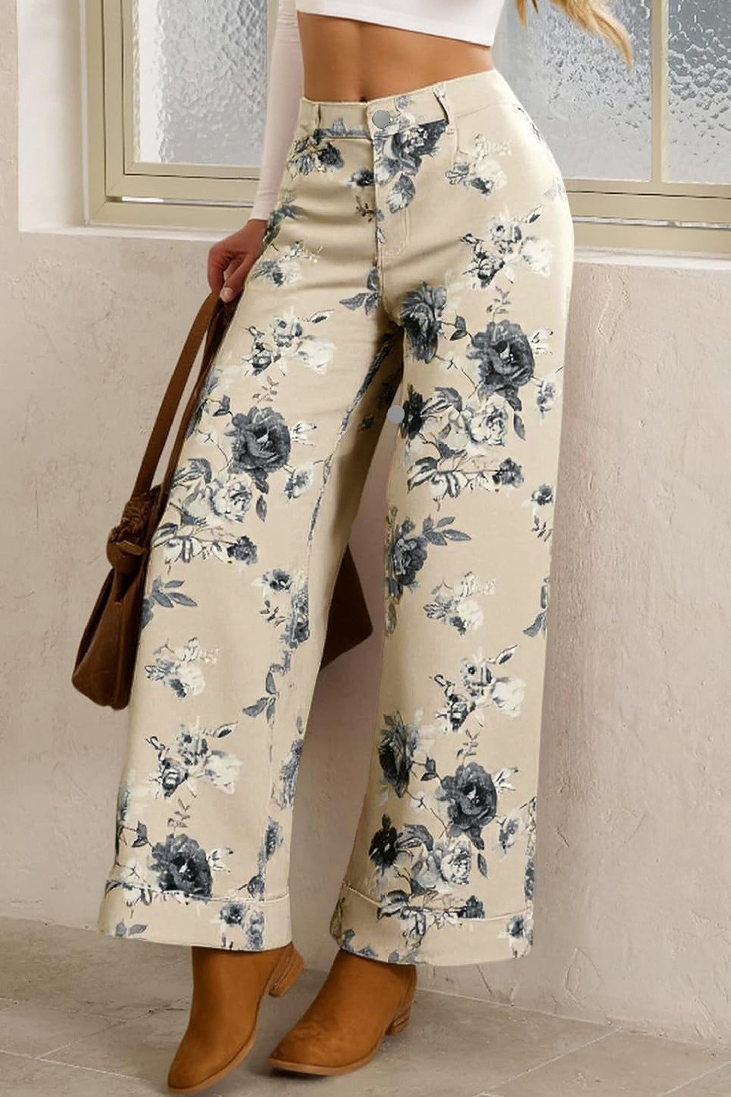 Beige Retro Loose Cuffed Jeans