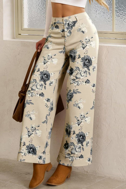 Beige Retro Loose Cuffed Jeans