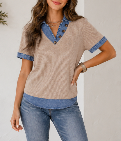 Beige Ribbed Denim Collar Blouse