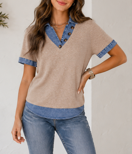 Beige Ribbed Denim Collar Blouse