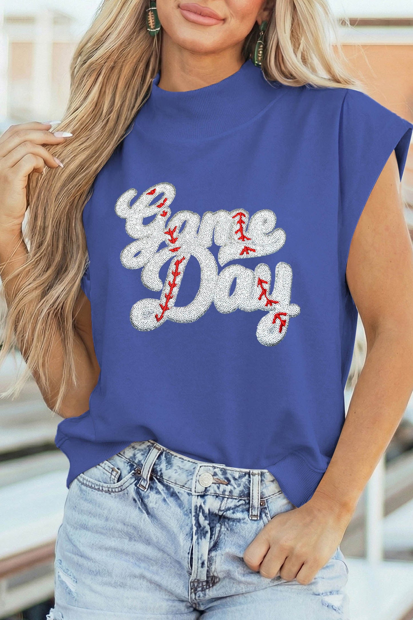 Blue Sequin Game Day Top
