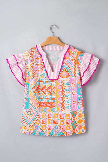 Boho Mixed Print Striped Blouse