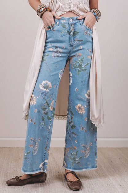 Retro Floral Frayed Hem Jeans