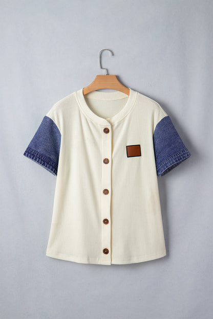 Beige Denim Ribbed Top