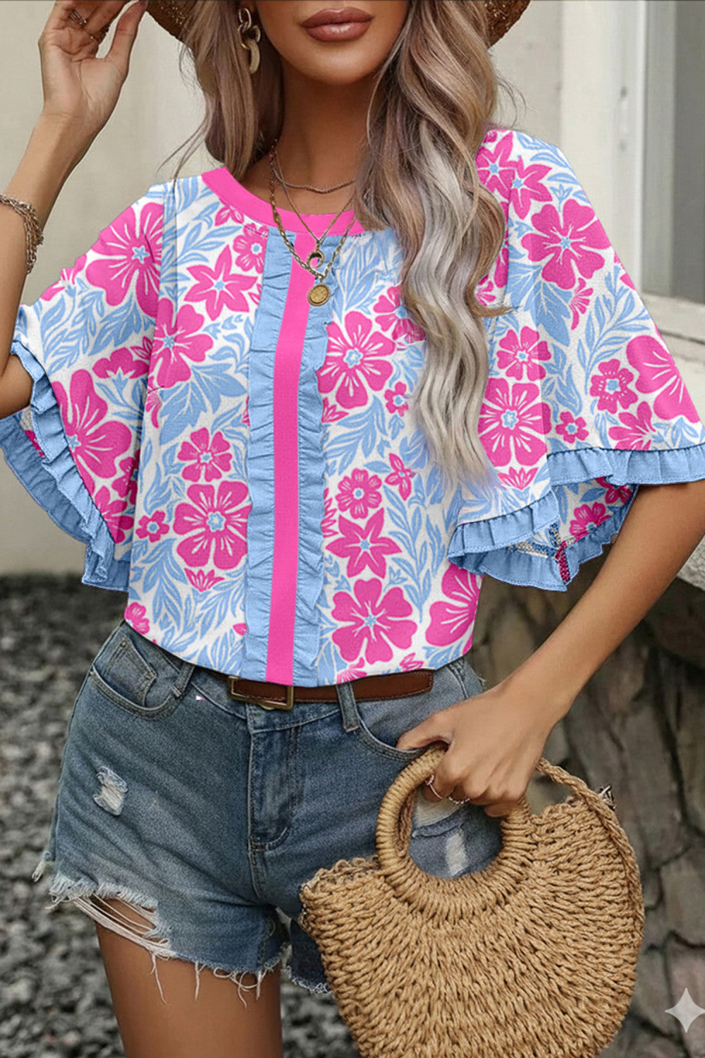Floral Ruffled Trim Blouse