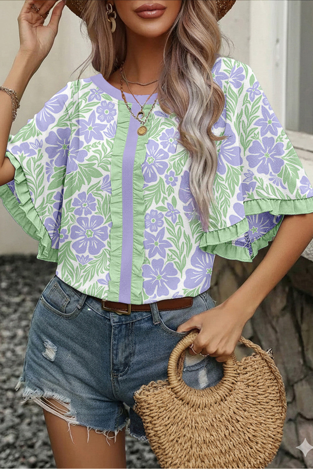 Floral Ruffled Trim Blouse